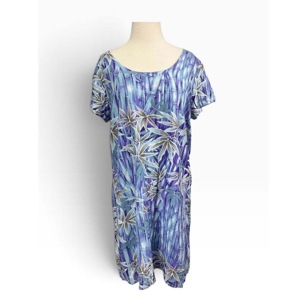 Jams World Hula Moon Bamboo Dress Large Blue Purple Cap Sleeve Hawaii Blue